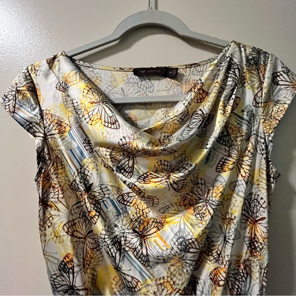 Like new. THE LIMITED Elegant Satin Dress. Gold undertones & butterfly designs. - Picture 4 of 11